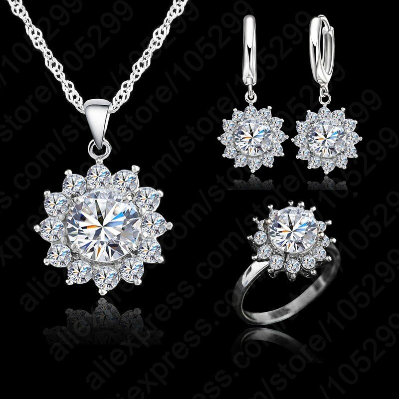 Nieuwe Mode Bloem Zon Zirconia Nieuwste Echte Zilveren Sieraden Sets Oorbellen Hanger Ketting Ringen Size6-9
