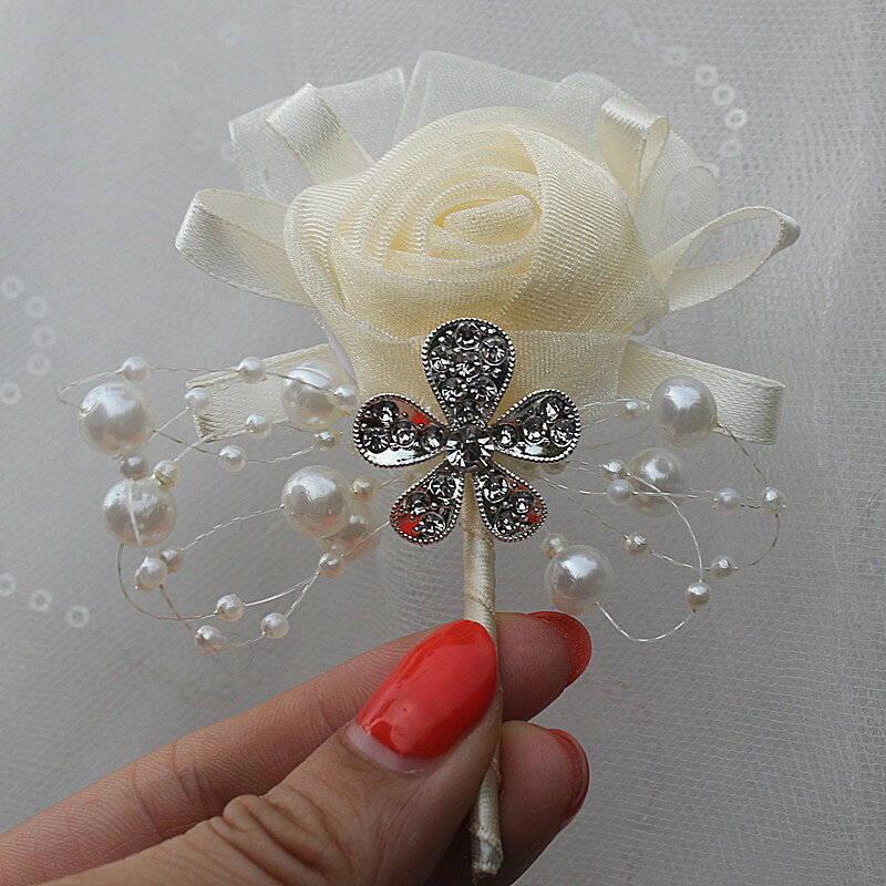 Auf Lager Heißer Verkauf 1 teile/los Elfenbein Hochzeit Korsagen Boutonniere Bräutigam Diamant Kristall Hochzeit Blumen Perle Perlen Brosche Blumen