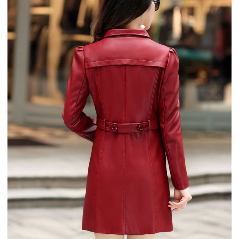 Split couro trench feminino 2021 outono e inverno feminino casaco de pele de carneiro médio-longo plus tamanho três botão outerwear 5xl 6xl