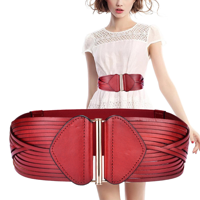 Ceinture large en cuir véritable pour femme, ceinture élastique, ceinture amincissante, accessoires vintage, rouge et noir, mode féminine