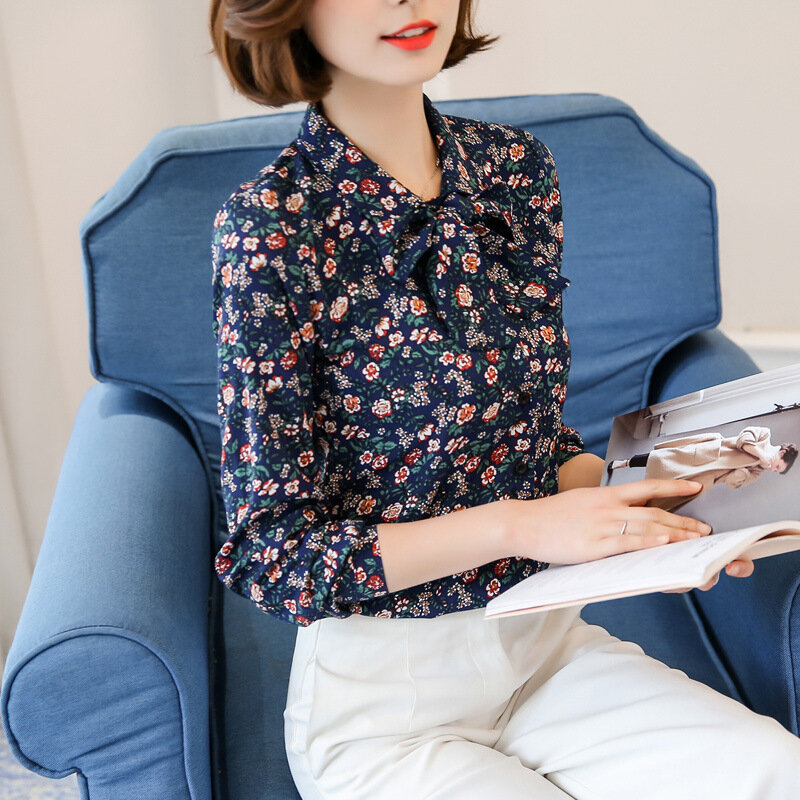 Camisa feminina de manga comprida estampada, nova blusa feminina de chiffon com cinto laço, roupas de trabalho da moda para escritório h9026, primavera
