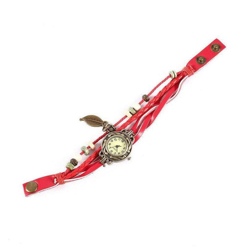Zegarki na rękę brązowy Retro splot Wrap Lady koralik liść bransoletka z wiszącymi bransoletka zegarek kwarcowy na rękę kobiety Watche zegarek kwarcowy Reloj