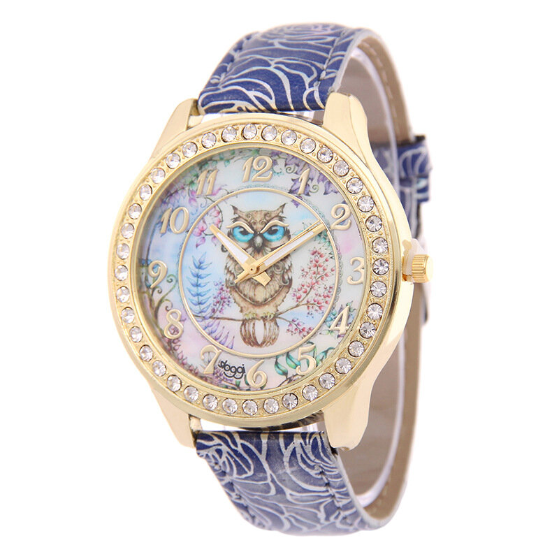 Reloj de pulsera de lujo de marca MINHIN, Relojes de pulsera con estampado de rosas, diseño de búho, reloj Casual de diamantes de imitación de oro