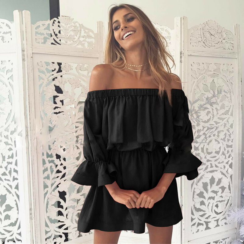 2019 Women Dresses Summer Flare Sleeve Off Shoulder Bandage Solid color Sundress Casual Sexy Holiday Dress W0619