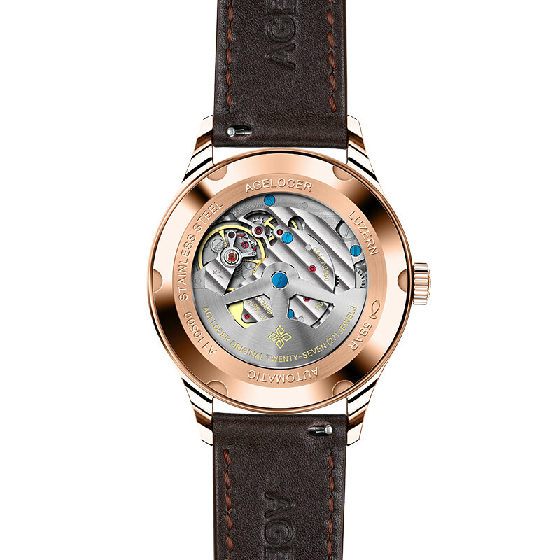 Agelocer relógio mecânico masculino e feminino, relógio de pulso de couro fashion casual dourado