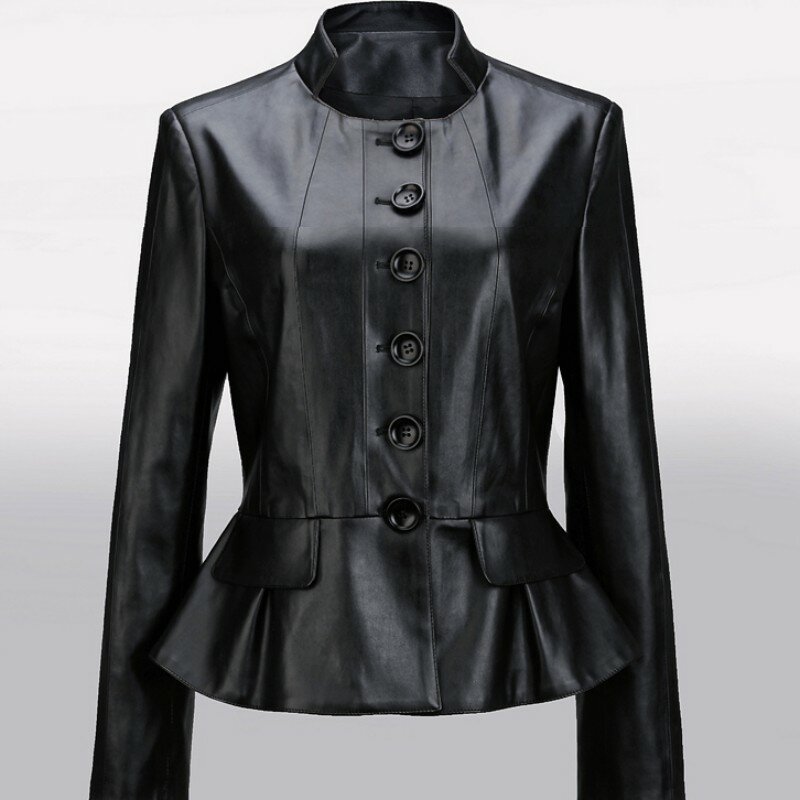 Veste courte en cuir véritable pour femme, manteau de printemps en peau de mouton, noir, marron, vêtements féminins sexy, avocat, bouton mince, volants