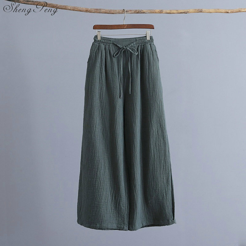 Pantalon en coton et lin pour femme, Baggy, sarouel, jambes larges, avec poches, décontracté, confortable, été, Q759