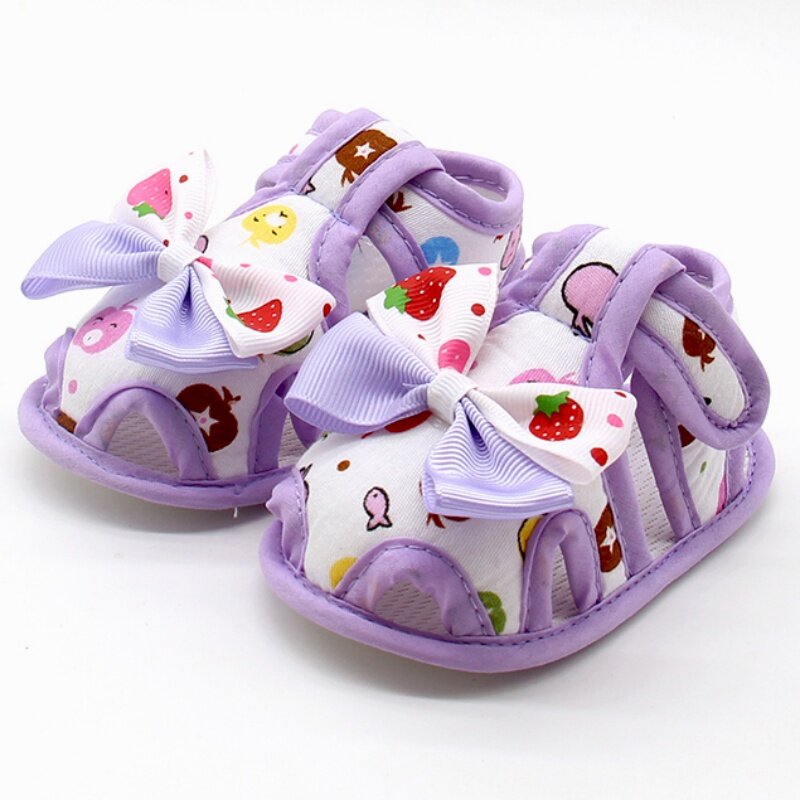 Летние сандалии с милым принтом и бантом для новорожденных девочек, милая дышащая обувь принцессы с бантом, 0-18 месяцев