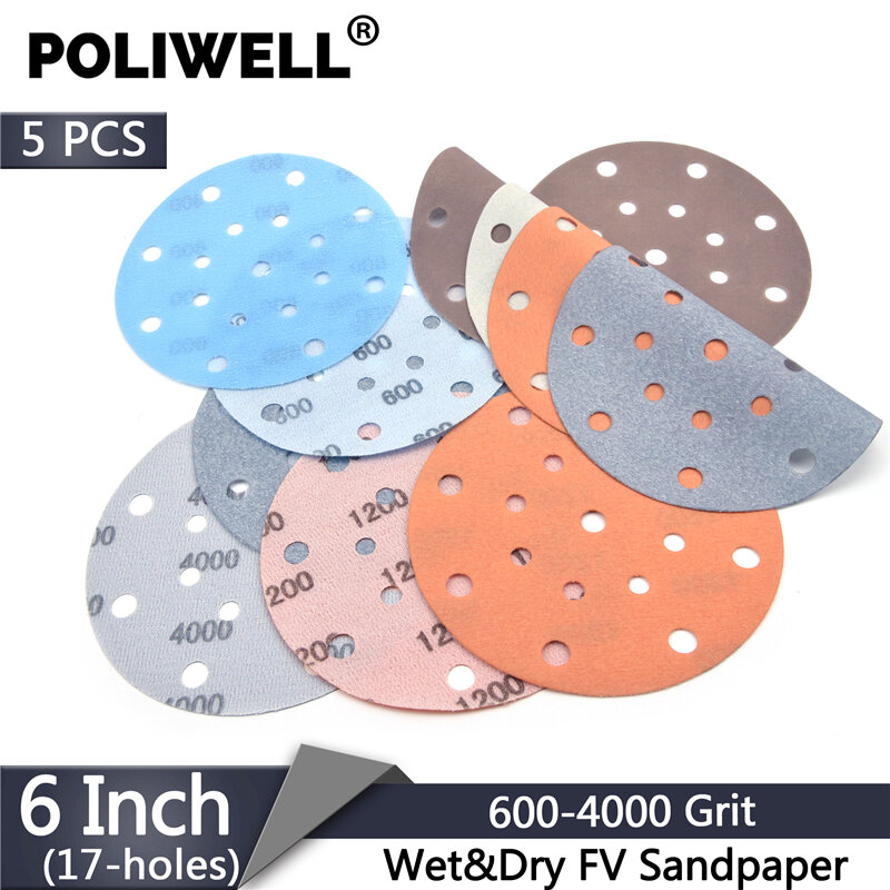 POLIWELL 5Pcs 150mm 17-Löcher Wasserdichte FV Super Schleifen Discs Grit 4000 Schleifpapier für Polieren Schleif Werkzeuge zubehör