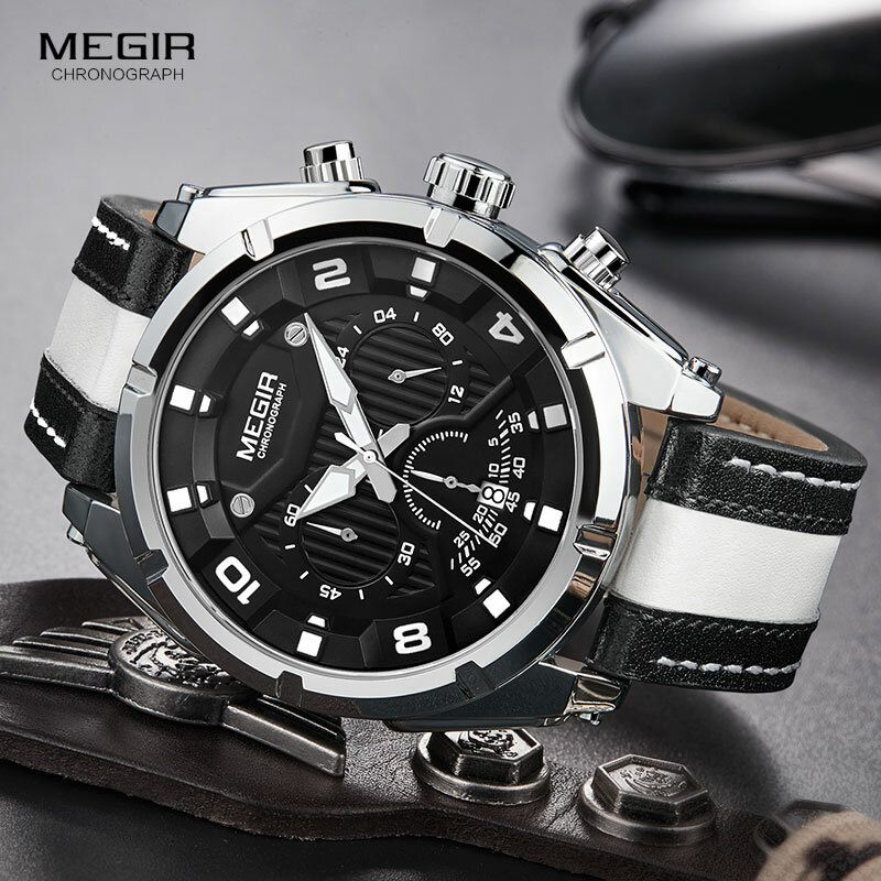 MEGIR – montre-bracelet étanche en cuir pour hommes, sport de plein air, marque de luxe, chronographe, 2076