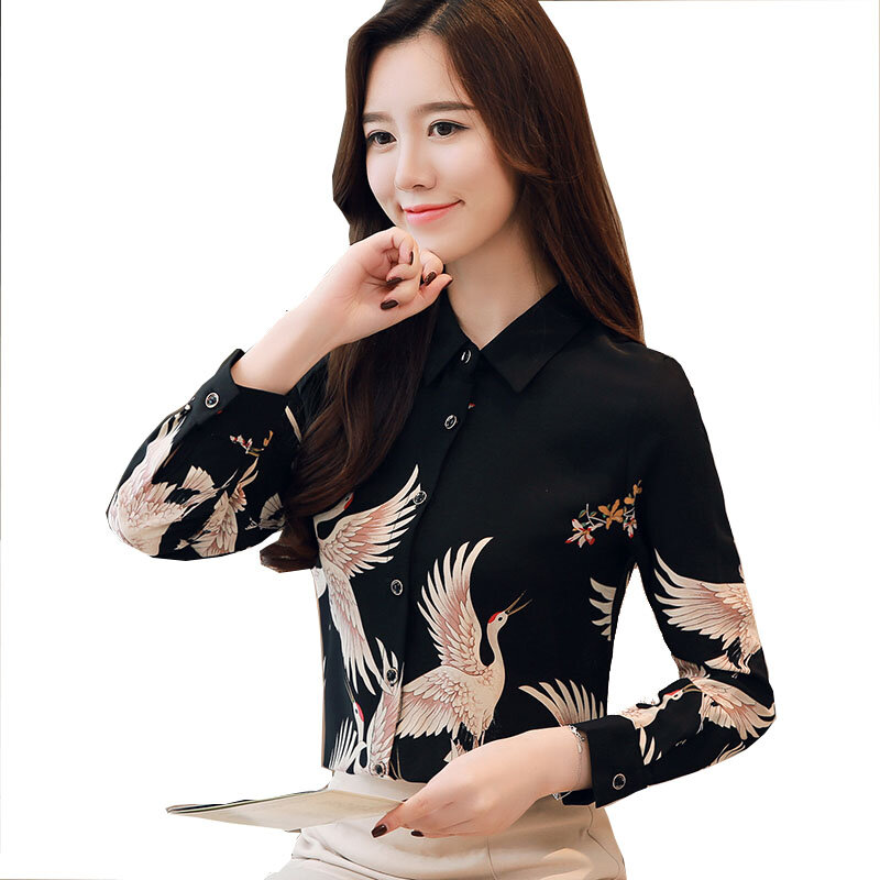 Spring autumn elegant crane print chiffon shirt 2019 new arrival japan style vintage black long sleeve floral print blouse