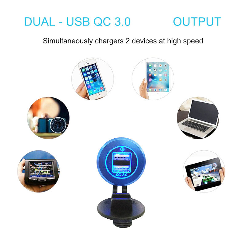 Universal 12V-24V Quick Charge QC 3.0 Dual USB Charger Socket Outlet Power Adapter for Car Boat Motorcycle