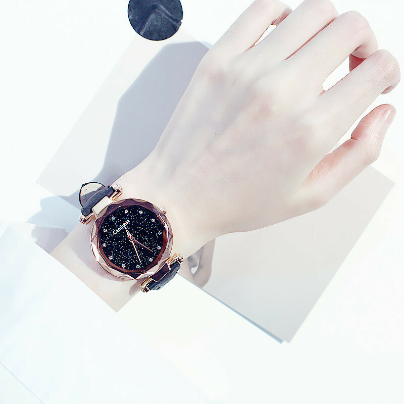 Luksusowe kobiety zegarki błyszcząca, niebo zegarek kobiet damskie kryształ górski zegarek kwarcowy zegarek z paskiem skórzanym zegar montre femme relogio