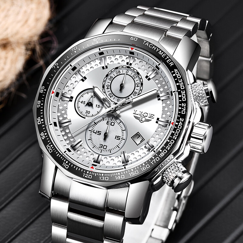 LIGE zegarki męskie kreatywne kwarcowy z chronografem zegarki na rękę luksusowy zegar ze stali nierdzewnej z zegarek świetlny Relogio Masculino