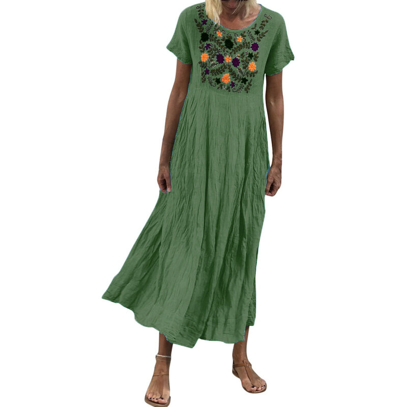 Damska letnia sukienka z dekoltem w kształcie litery "o" drukowane wakacje sukienka koszulka bawełniana na co dzień duży rozmiar sukienka M-5XL jednolity kolor luźna sukienka W0625 #20