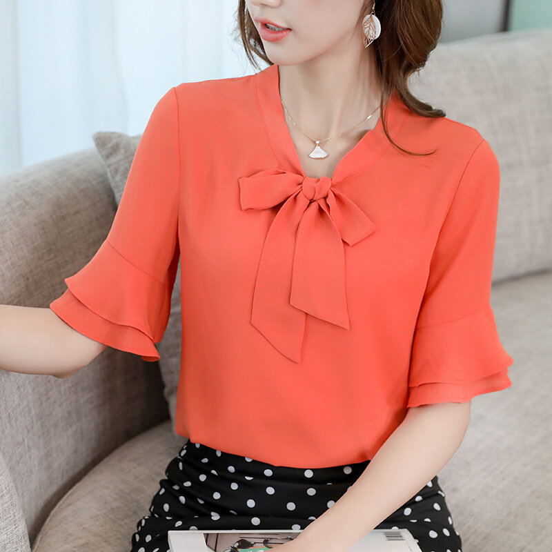Kobiety dół koszula wiosna lato z krótkim rękawem Pure Color szyfonowa bluzka damska modny Slim wypoczynek koreański proste Top H9100