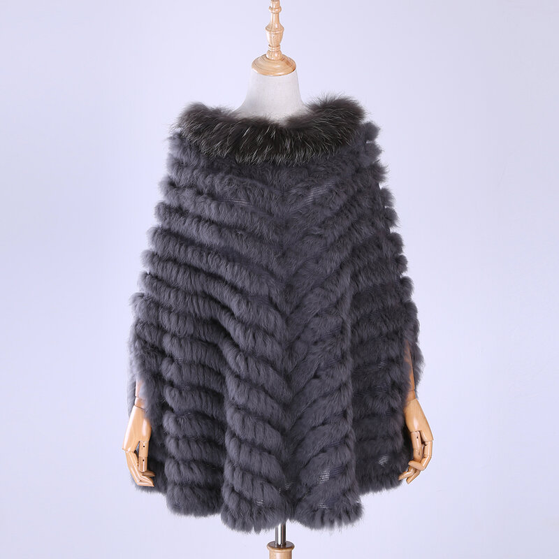 Nowy damski luksusowy pulower z dzianiny prawdziwe futro z królika futro szopa Poncho peleryna z prawdziwego futra na drutach szal trójkątny płaszcz