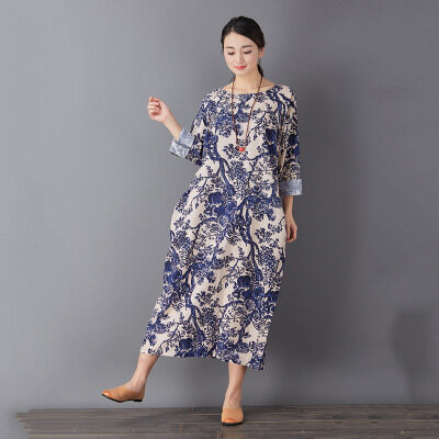 Blue and white Porcelain Retro Cotton and linen Loose Dress