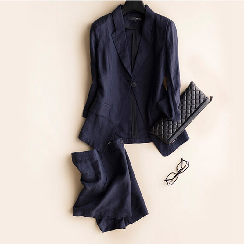 Suits Women Two- Pieces Set 20% Cotton 80% Linen Casual Blazer + Hot Shorts Solid High Breathable Fabric New Fashion 2019