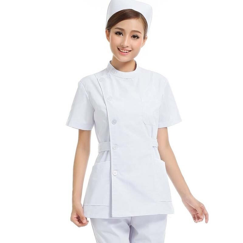 Women's Scrub Tops Medical SPA Uniforms Stand Collar Coat Side Opening with Adjustable Waist Belts(Just A Top)