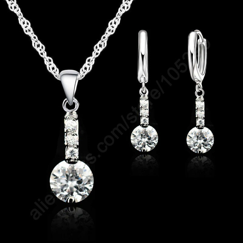 Genuine 925 Sterling Silver Shining Cubic Zirconia Jewelry Sets Pendant Necklace Earring Woman Wedding Gifts Accessory
