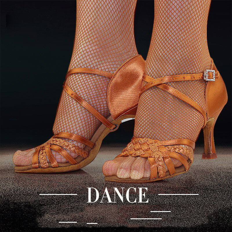 أحذية الرقص اللاتينية للمرأة البالغة أحذية الرقص عالية الكعب السالسا المربعة أحذية الرقص اللاتينية BD حقيقية 2360-B المستوردة من الساتان
