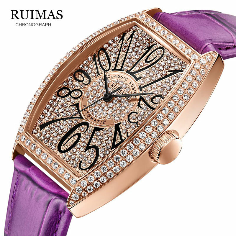 Top Brand Luxury Women Watches  Automatic Mechanical Ladies Watch Tonneau  Leather Strap Casual Dress Wristwatch RL6757L-Purple