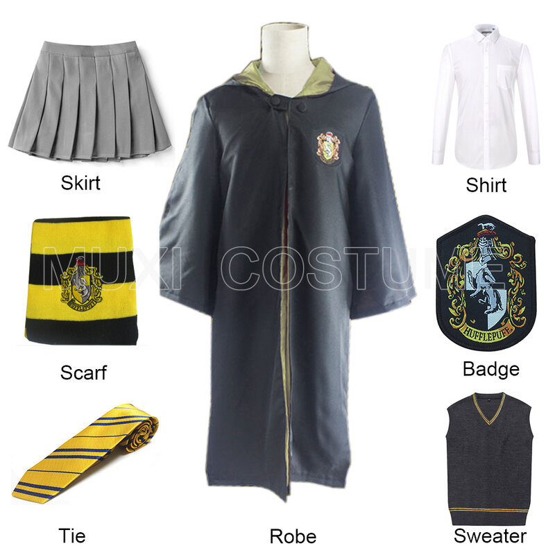 Free Shipping Hufflepuff Cosplay Robe Cloak Skirt Shirt Sweaters Tie Scarf Badge Uniform Harris Costume