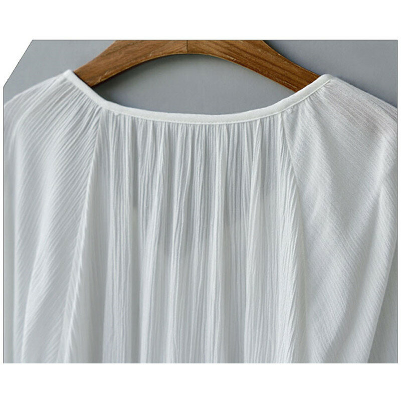 [EL B ARCO]ผ้าฝ้ายผ้าลินินเสื้อชีฟองเสื้อWomen Blusaฤดูร้อนยาวF LareแขนVคอพู่หญิงเสื้อผ้าขนาดบวกM-3XL