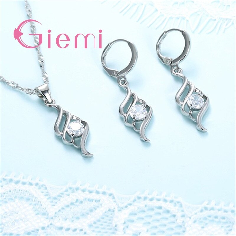 Nice Solid 925 Silver Jewelry Sets for Women Wedding Engagement Party CZ Angel Wings Pendant Necklace Hoop Earrings Set