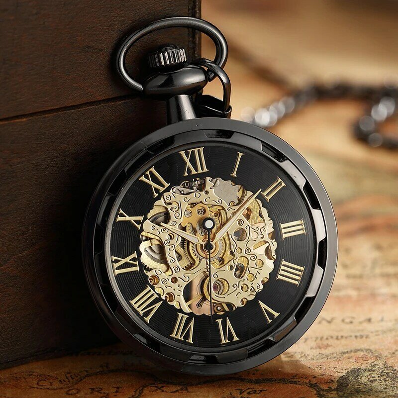 빈티지 시계 목걸이 스팀펑크 스켈레톤 기계식 고리 체인 포켓 시계 로마 숫자 시계 펜던트 핸드 와인딩 남성 여성