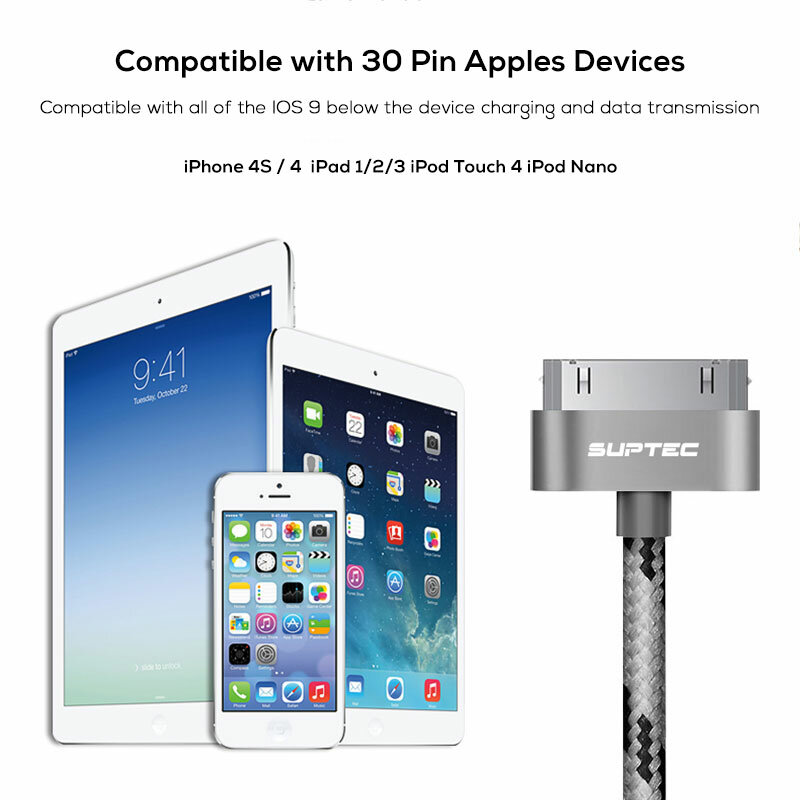 SUPTEC 30 Pin USB Cable for iPhone 4S 4 3GS iPad 1 2 3 iPod Nano itouch Charger Cable Fast Charging Data Sync Adapter Cord