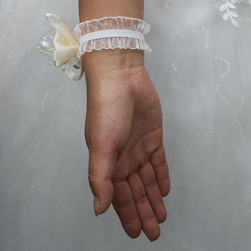 Wifelai-a Ivory Bow Flowers Pearl Beaded Wrist Flowers Bride Ribbon Crystal Hand Flower Wedding Corsages SW175-Z