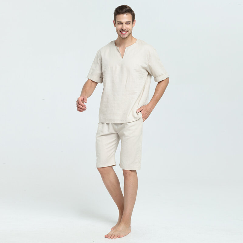 Pria dan Woen Unisex Rami dan Kapas Sumer dan Musim Semi Pendek Top Baju Tidur Memakai Rumah Pakaian Rumah Piyama Set dengan Panjang celana