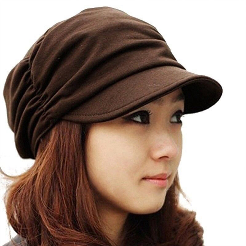 Sombrero sólido coreano para mujer, gorros de punto plisados, gorra cálida para exteriores, visera, Calavera, color negro, otoño e invierno, novedad de 2018