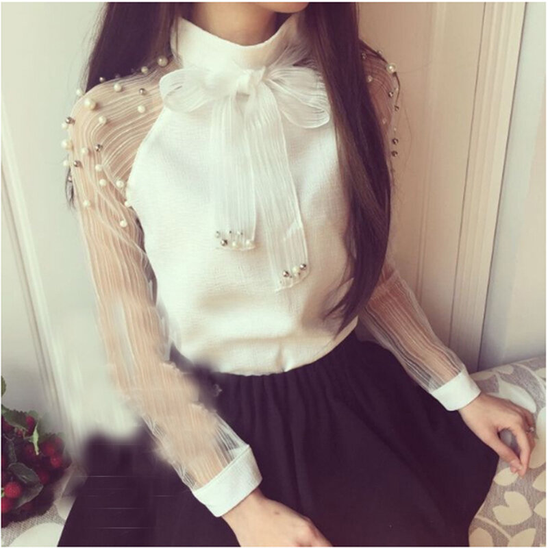 2019 New Summer elegant organza bow of pearl white blouse women casual chiffon shirt long sleeve womens tops and blouses