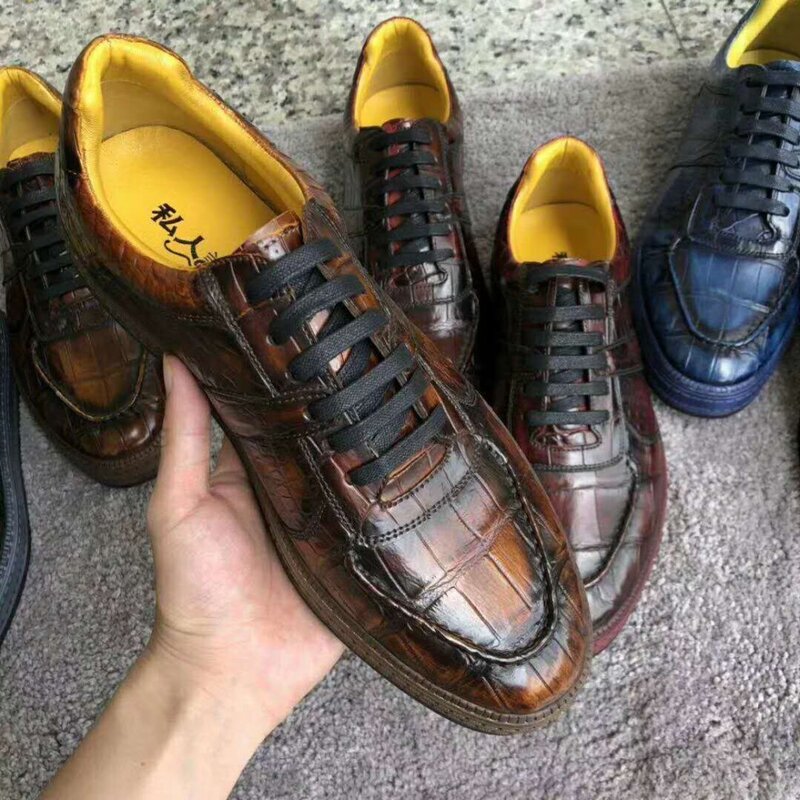 Recém qualidade 100% real genuíno pele de crocodilo sapatos moda com couro genuíno forro pele dupla cores lazer sapato plano