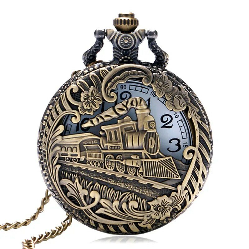 Antike Bronze Lokomotive Carving Zug Quarz Taschenuhr Vintage Ketten Halskette Anhänger Ketten Geschenke für Männer Frauen Dropship