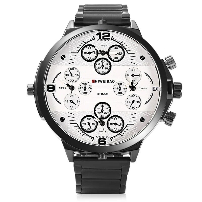 Часы мужские кварцевые в стиле милитари, модные повседневные наручные, с большим корпусом, с четырьмя часовыми поясами, с черным стальным браслетом