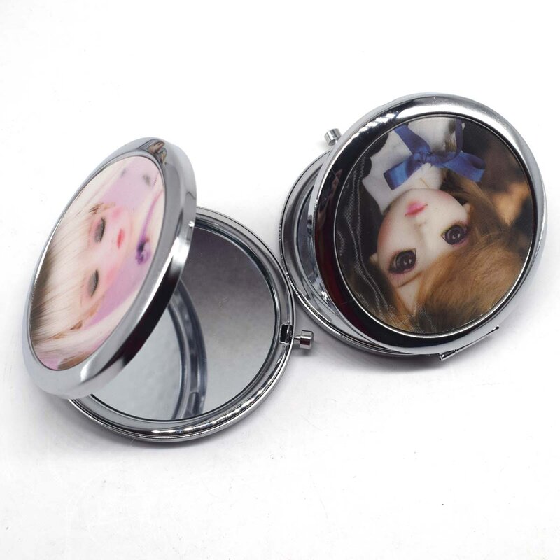 Boneca bonito mini bolso espelho de maquiagem cosméticos compactos espelhos portáteis dupla lados de aço inoxidável cosméticos espelhos maquiagem