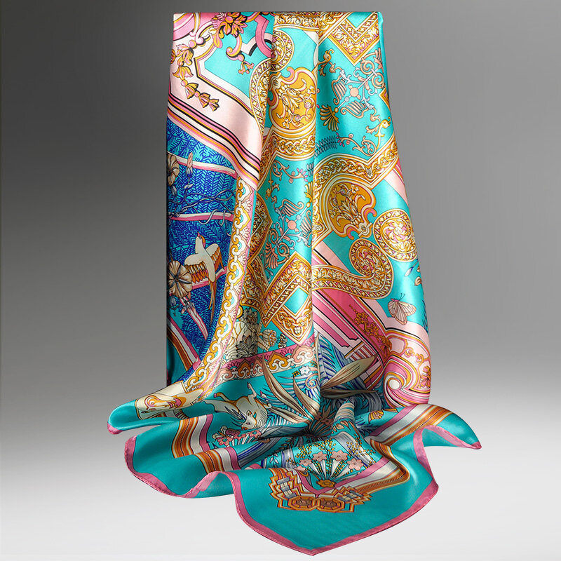 女性の広場シルクスカーフ90 × 90センチメートルバンダナネッカチーフ2021杭州純粋なシルクスカーフラップグリーン100% リアル絹の正方形のスカーフ
