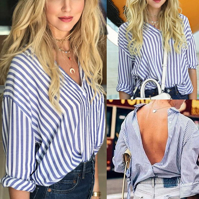 New Womens Long Sleeve Striped Shirt Ladies Loose Casual Party Tops Blouse Shirt