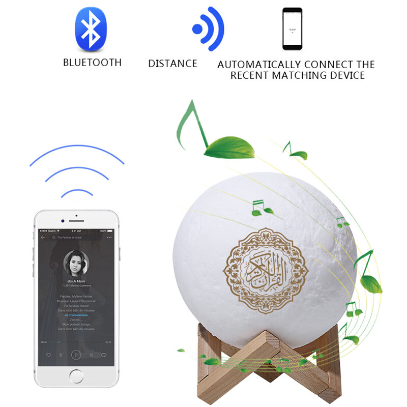 3D Maan Licht Koran Maanlicht Met Moslims Quran Koran Speaker Coran Speler Draadloze Bluetooth Touch Press Maan Lamp 7-kleur