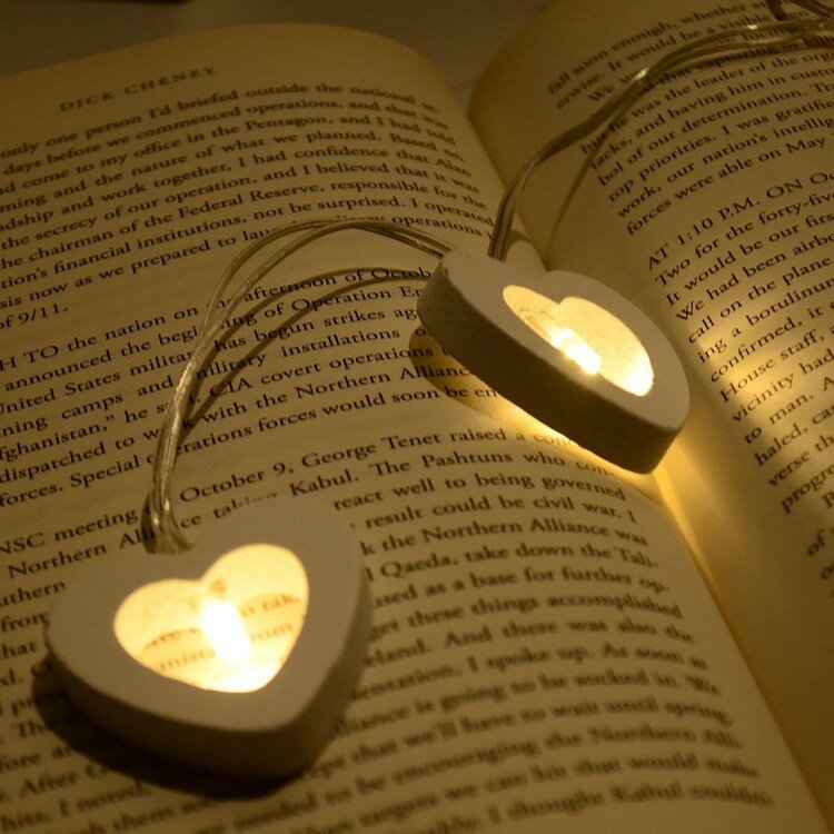 Cadena de luces LED con forma de corazón de madera, 2M, 20 luces alimentadas por batería para Navidad, jardín, boda, fiesta, accesorios