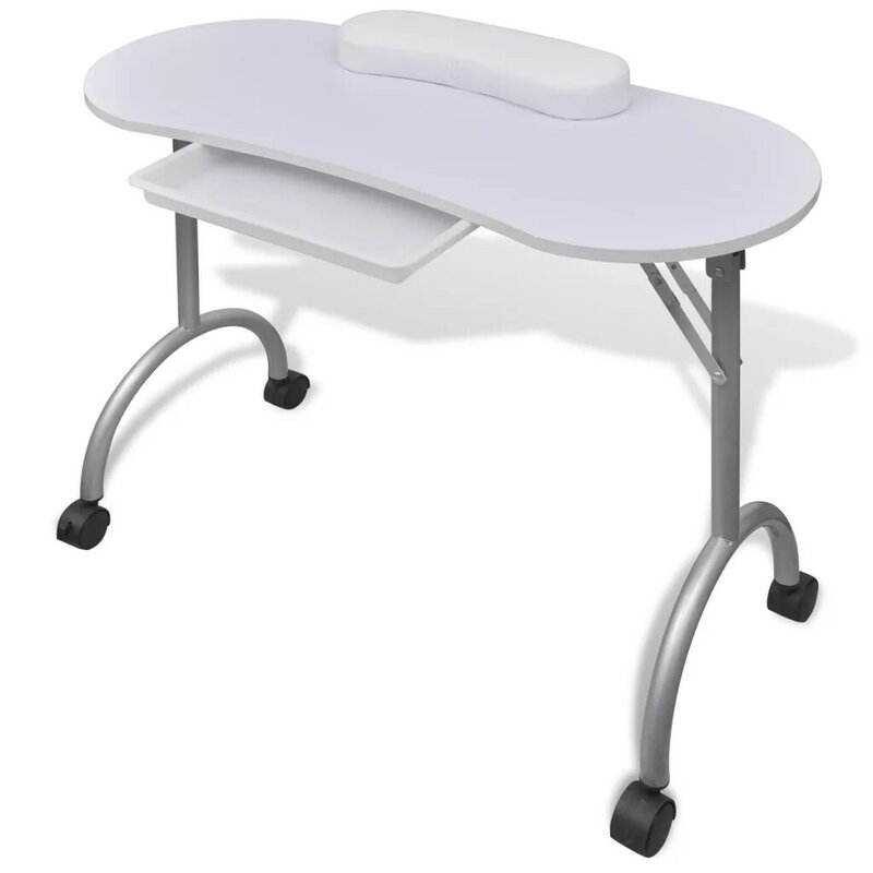 IKAYAA  Portable Nail Table  White Folding manicure table with wheels Salon Furniture