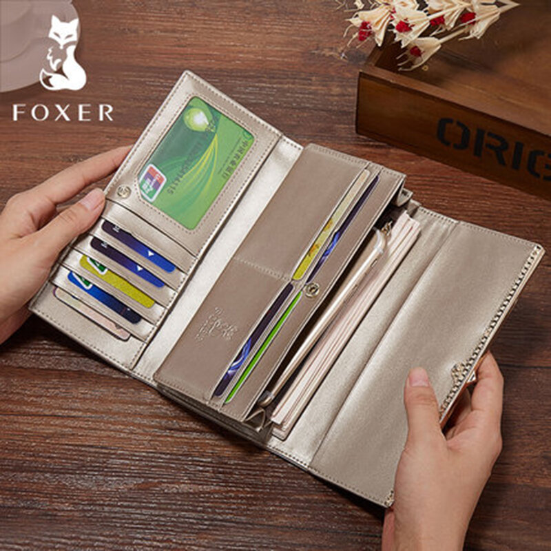 FOXER-cartera larga de cuero dividido para mujer, bolso de mano de lujo, monedero femenino, tarjetero de moda, regalo de Festival