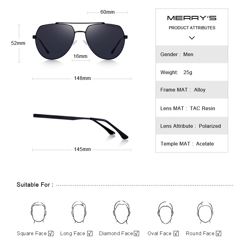 MERRYS DESIGN Clássico Homens óculos de Sol Piloto Da Aviação Proteção Quadro HD Óculos Polarizados Para Homens Condução UV400 S8175