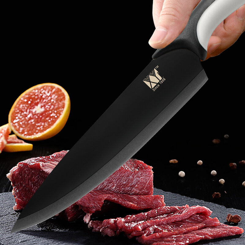XYj Kitchen Cooking Stainless Steel Knives Tools Black Blade Paring Utility Santoku Chef Slicing Bread Kitchen Accessories Tools