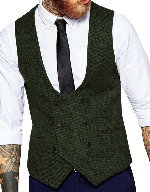Chaleco de doble botonadura para hombre, traje ajustado de lana/Tweed, informal, de alta calidad, con patrón de espiga, 2020