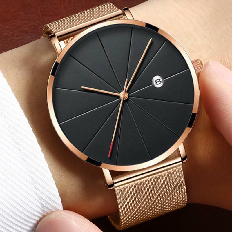 Moda biznes luksusowe mężczyźni zegarki Ultra cienkie męskie zegarki siatka ze stali nierdzewnej pas kwarcowy zegarki mężczyźni Rose złote zegarki 2020